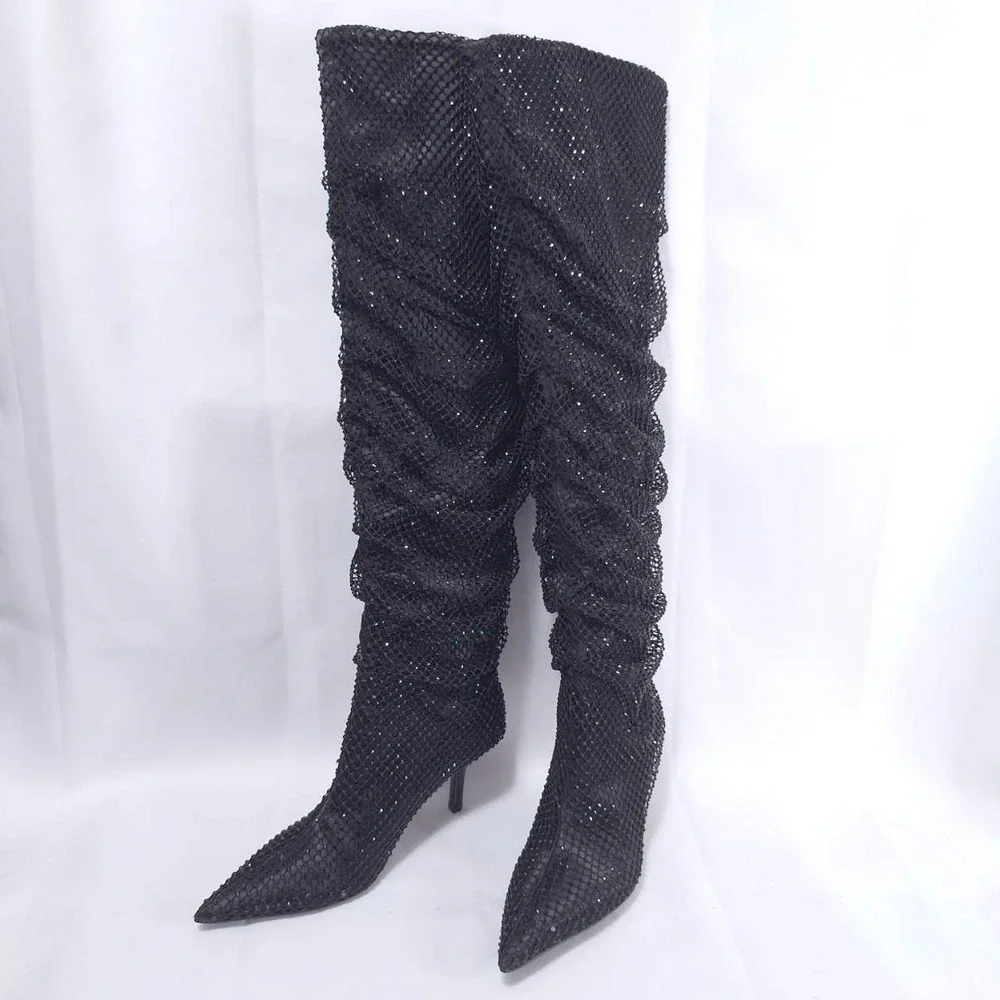 Madden Girl Sashaa Slouchy Over Knee Boot‎ Sz 6.5 Rhinestones Stilettos Fishnet